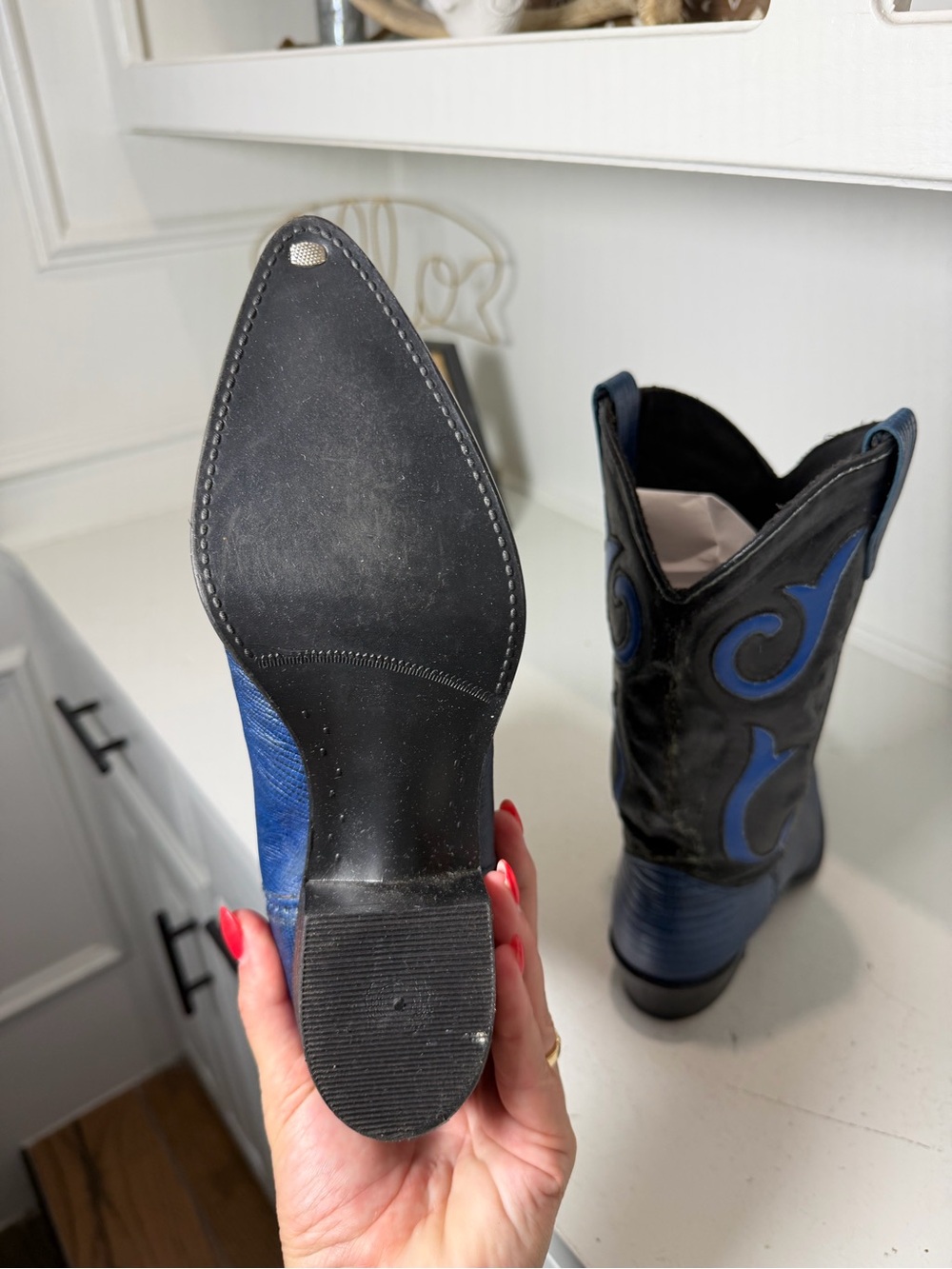 Laredo Cowboy Boots Women's 6 Blue Lizard Print Black Leather Western Colorful - Picture 8 of 9